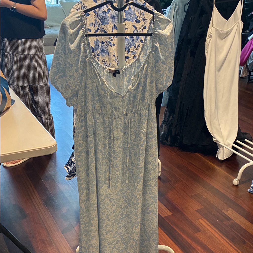 Light Blue Floral Puff-Sleeve Long Dress